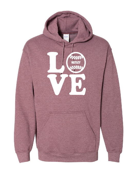 Nutley Love Softball Hooded Sweatshirt - Heather Maroon