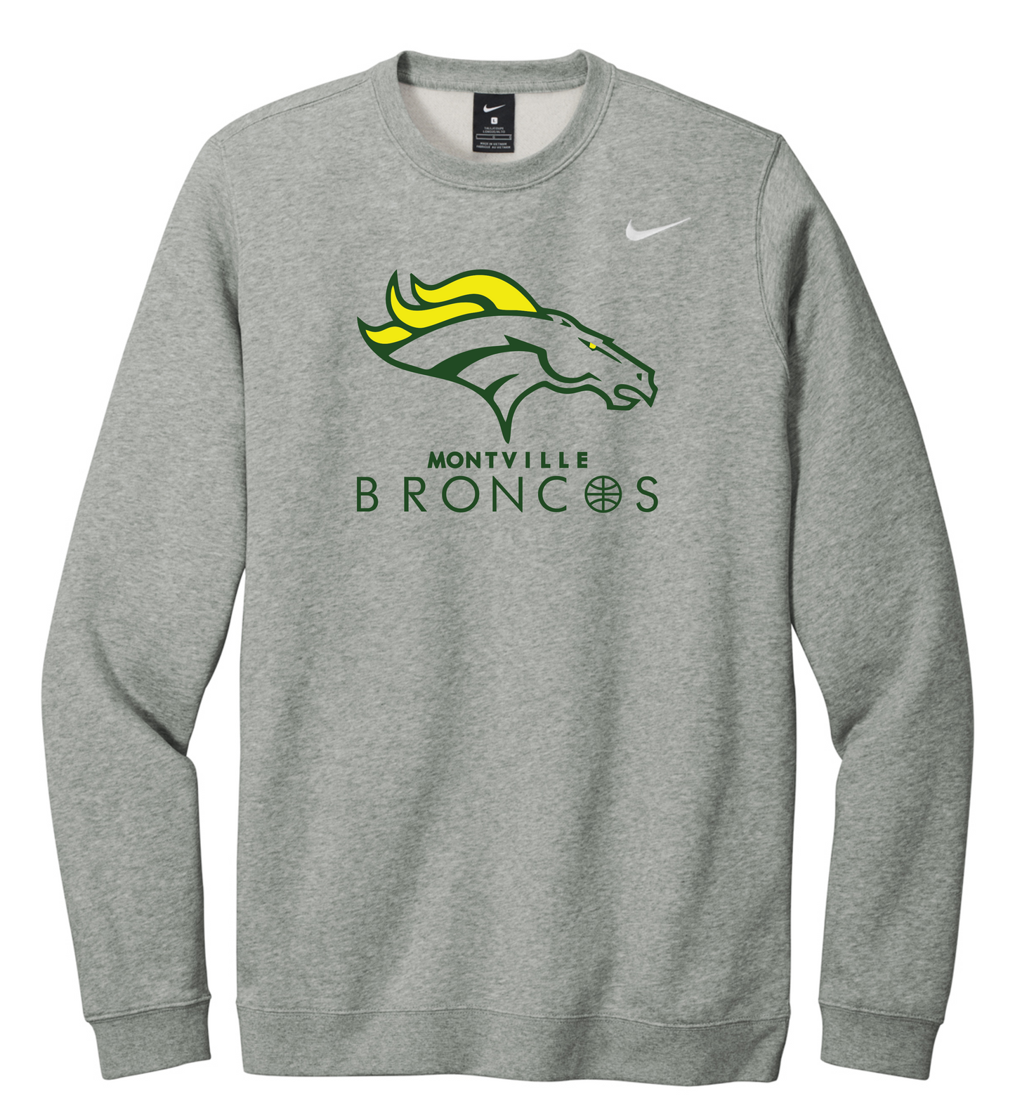 Winter 2025 Montville Broncos Basketball Nike Club Fleece Crew Heather Grey