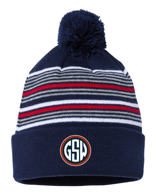 Winter 2024 Garden State Warriors 12" Striped Pom-Pom Cuffed Beanie - Red, White & Navy