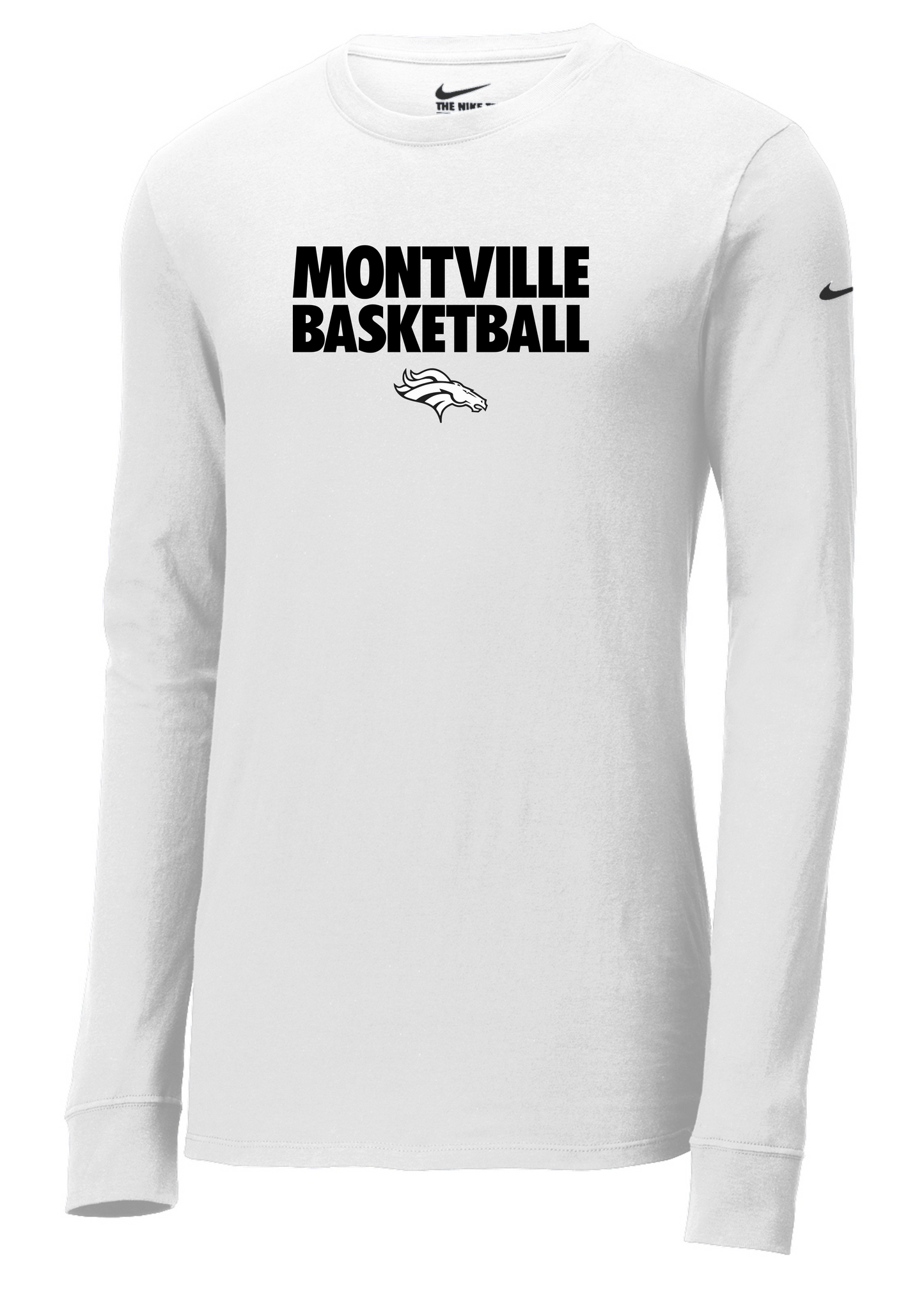 Winter 2025 Montville Broncos Basketball Nike Dri-FIT Cotton/Poly Long Sleeve Tee in White